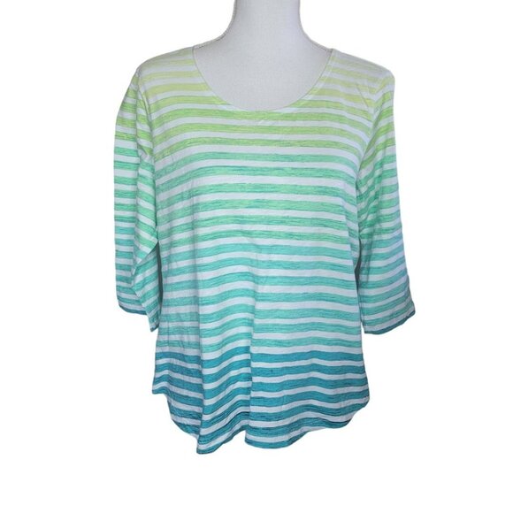Christopher Banks Petite Tee Shirt Green Horizontal Stripe Womens Large PL Short - Picture 2 of 8
